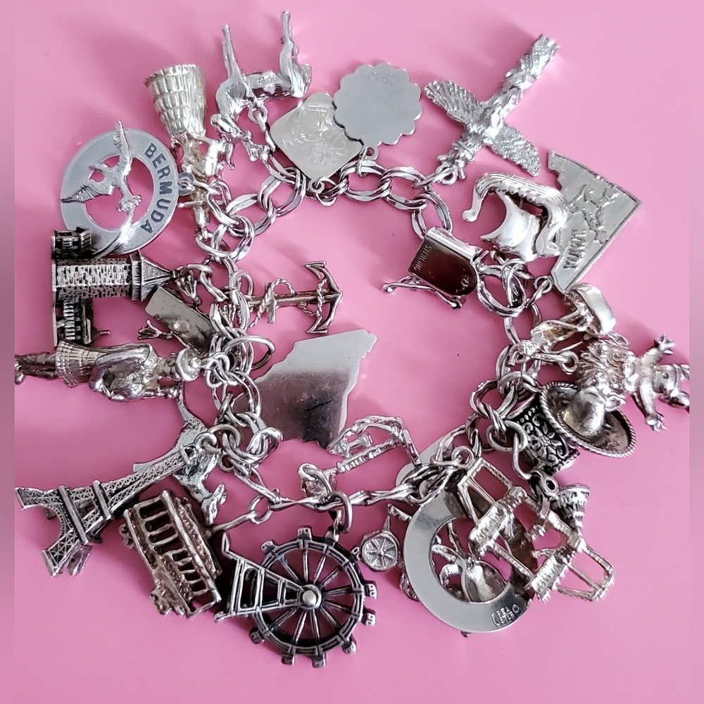 Sterling Silver Charm Bracelet, 25 Assorted Charms, 65.96 grams